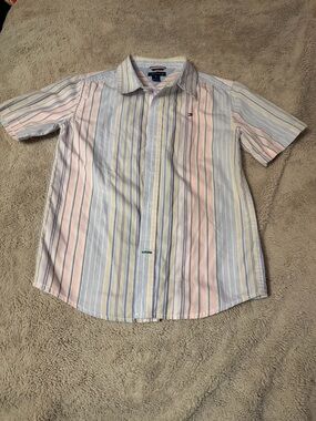 Tommy Hilfiger Short-Sleeve Striped Button-Down Shirt Blue, Pink & Yellow size 7